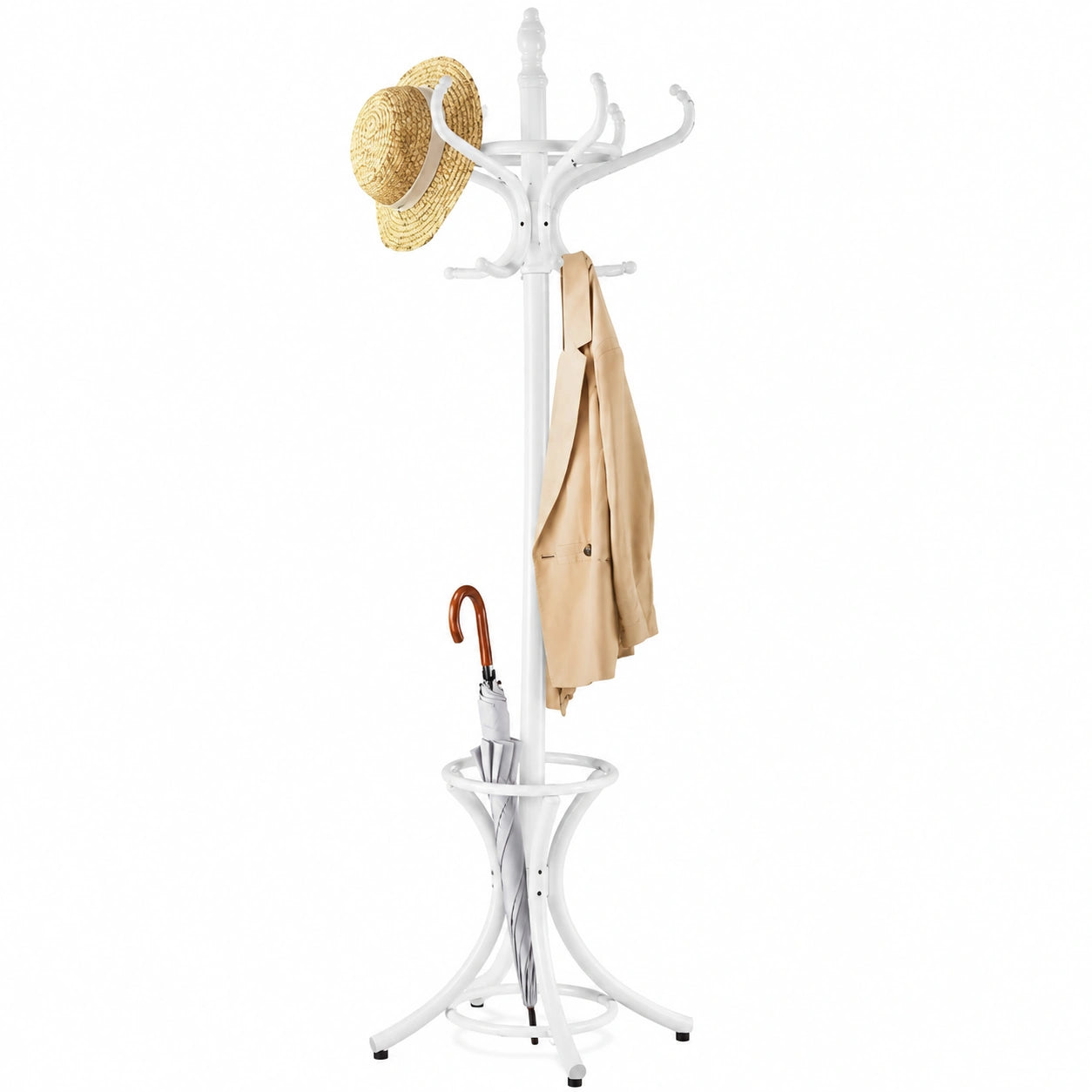 Attaccapanni da Terra Appendiabiti a piedi con 12 ganci in legno ecologico, 51 × 51 × 184 cm (Bianco)