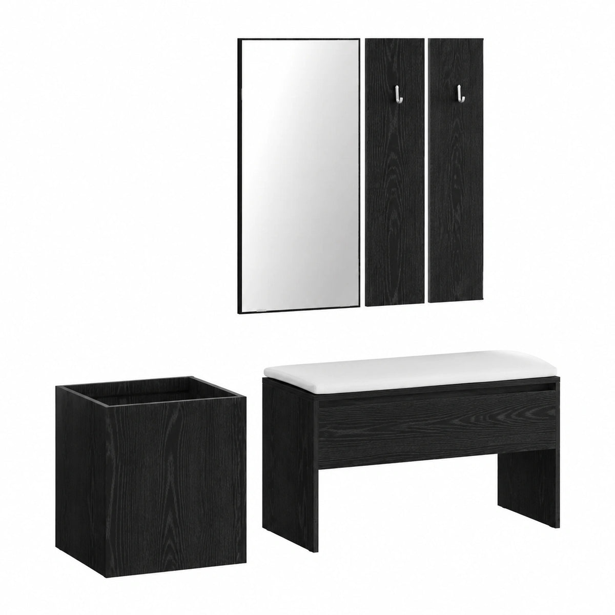 Specchio in legno da 5 pezzi, con panca da corridoio, pannelli appendiabiti e fioriera, per ingressi minimalista e soggiorno moderno