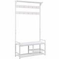 Appendiabiti Bianco Legno Attaccapanni con Scarpiera Salvaspazio, 9 ganci rimovibili, panca portata 150kg, 3 ripiani per scarpe, profondità 30cm