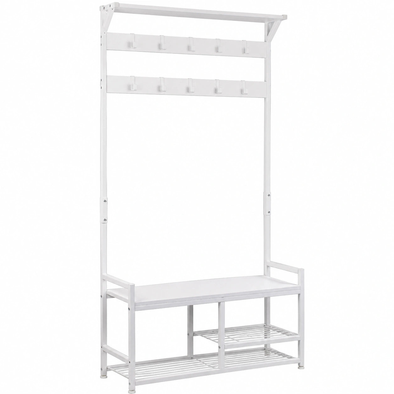 Appendiabiti Bianco Legno Attaccapanni con Scarpiera Salvaspazio, 9 ganci rimovibili, panca portata 150kg, 3 ripiani per scarpe, profondità 30cm