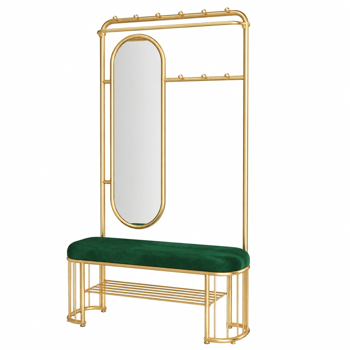 Appendiabiti Elegante in Metallo con Panca per Scarpe e Ganci - organizzatore per Ingresso Indipendente con Specchio, Facile da Montare -