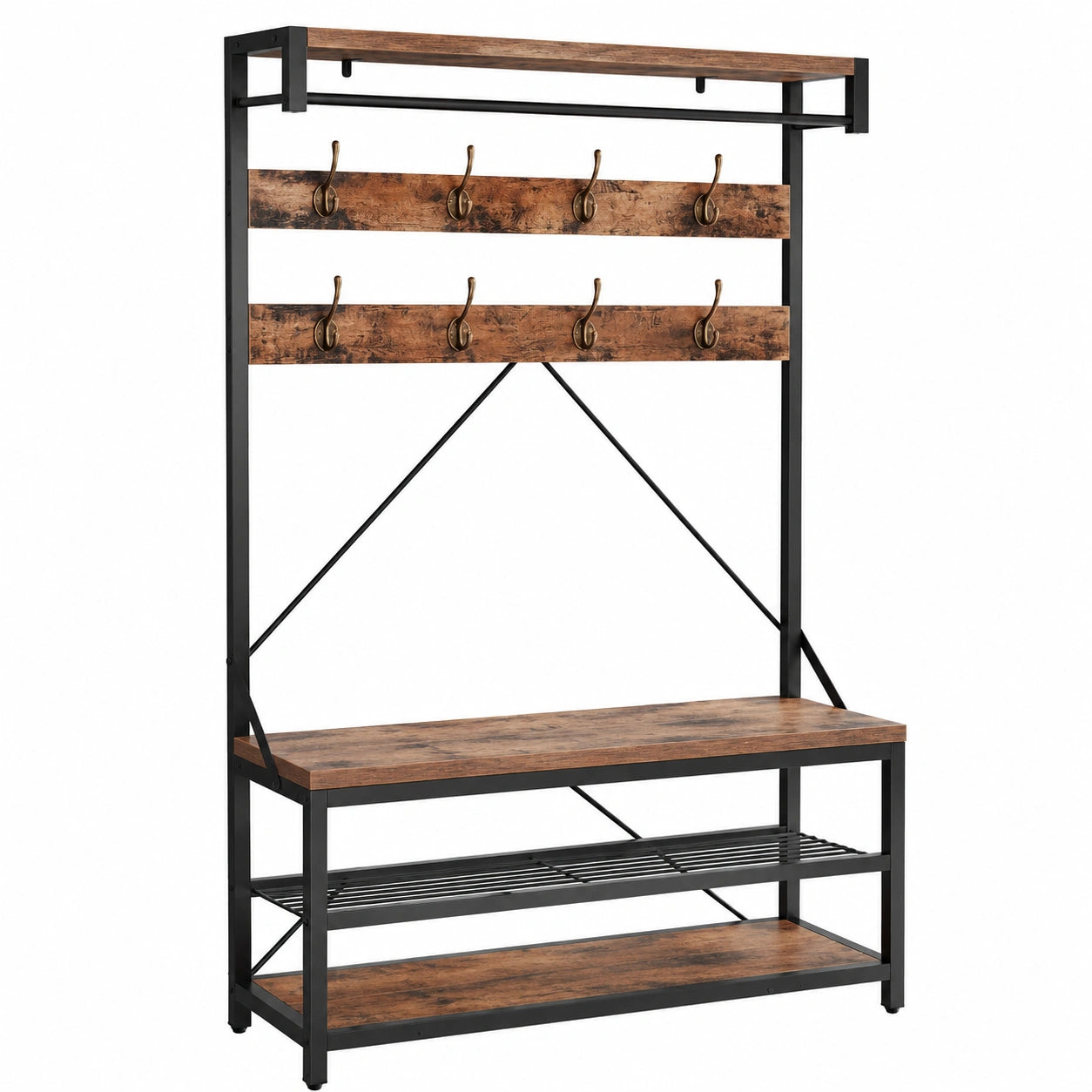 Appendiabiti grande, mobile da ingresso, appendiabiti con panca e ripiano per scarpe, 8 ganci, asta 101 × 40 × 182 cm