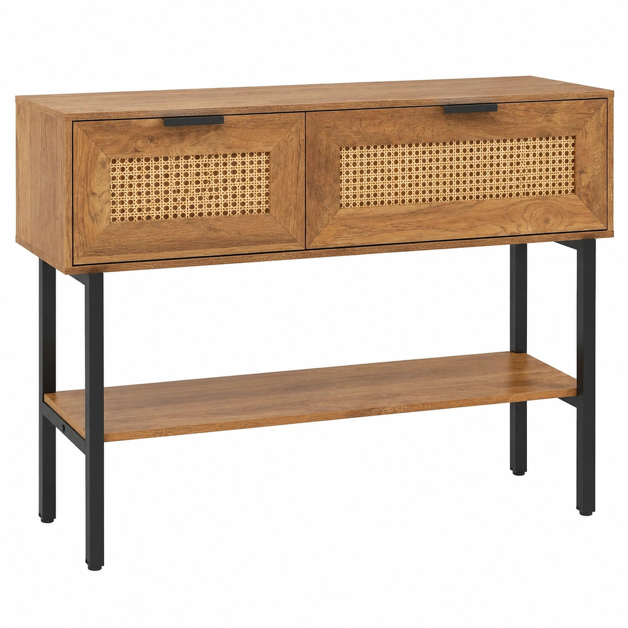Consolle Ingresso a 2 Ripiani, Console Salvaspazio con 2 Scomparti, Finitura in Rattan PE e Kit di Antiribaltamento, Tavolo d'Ingresso per Corridoio