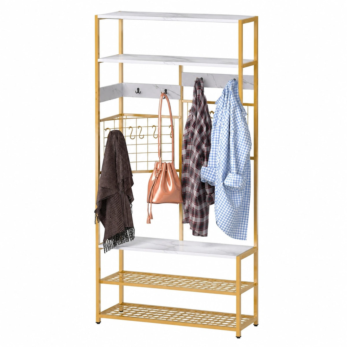 Appendiabiti Alto da 183,5 cm con Panca per Scarpe e 5 Ripiani di Stoccaggio, 12 Ganci, Scaffale Angolare Indipendente in Metallo per Camera da Letto