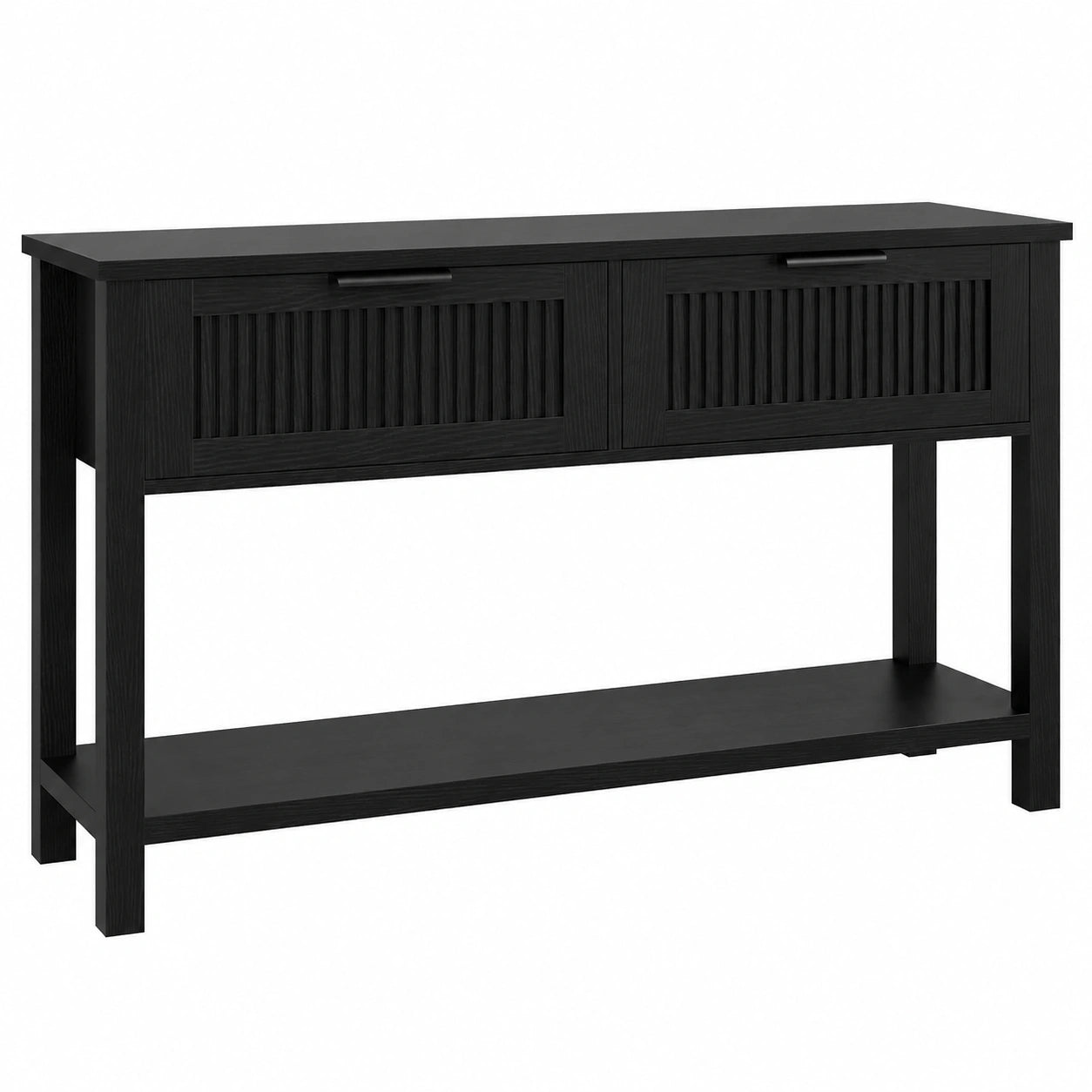 Tavolo consolle moderno in legno con 2 cassetti e 2 ripiani, scanalato, struttura in metallo robusto, salvaspazio per soggiorno, ingresso