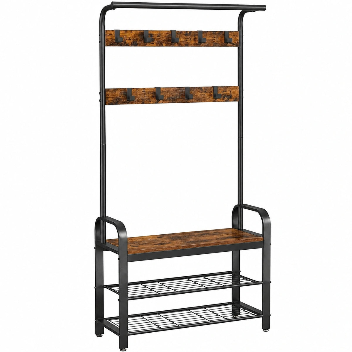 Panca da ingresso con appendiabiti 4 in 1, con 9 ganci rimovibili, asta per appendere, in acciaio legato, marrone rustico + nero, 34 × 71 × 182 cm