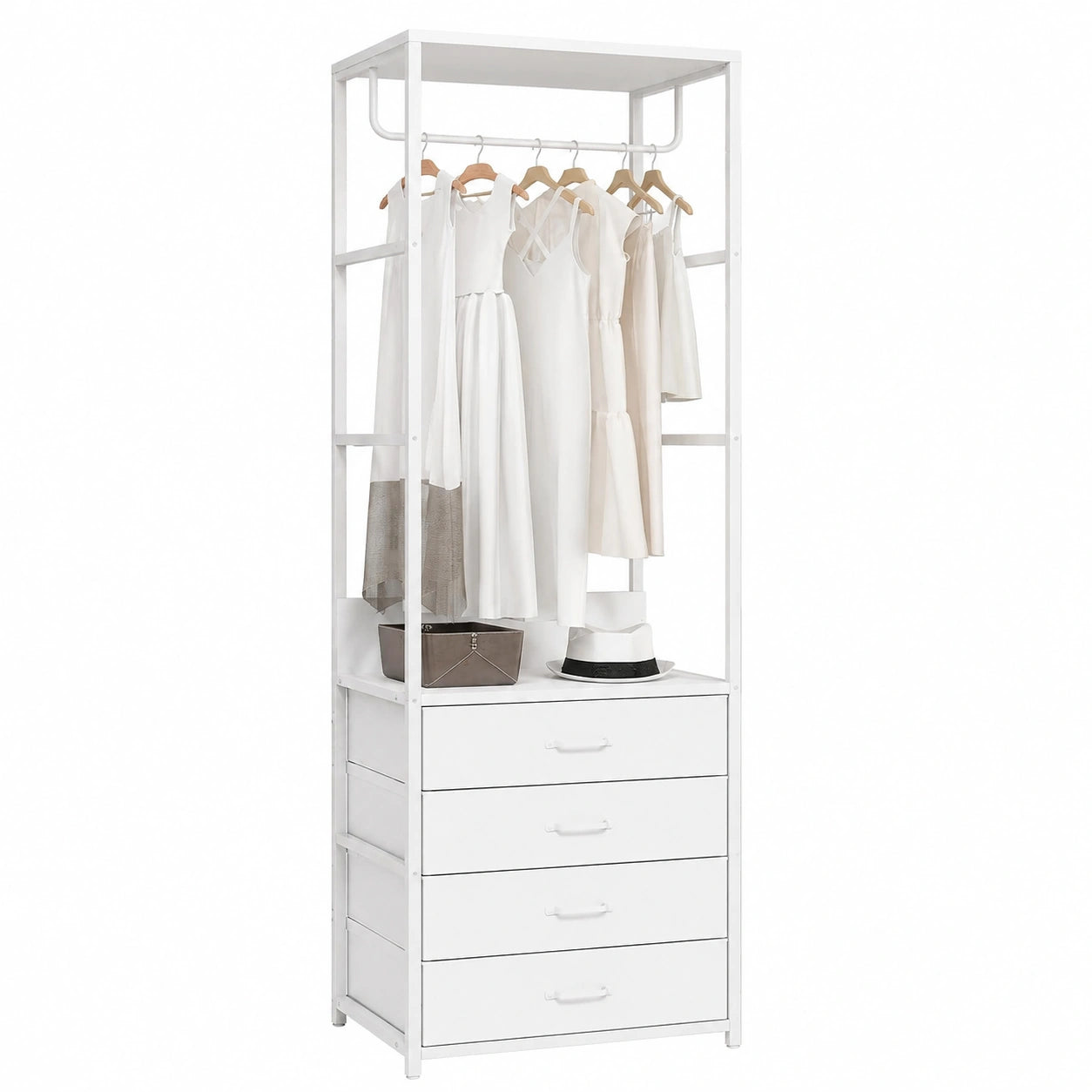Appendiabiti da Terra, Mobile Ingresso con Panca, Bianco, Attaccapanni 4 in 1 in metallo con barra e 4 cassetti per camera da letto, 60cm.