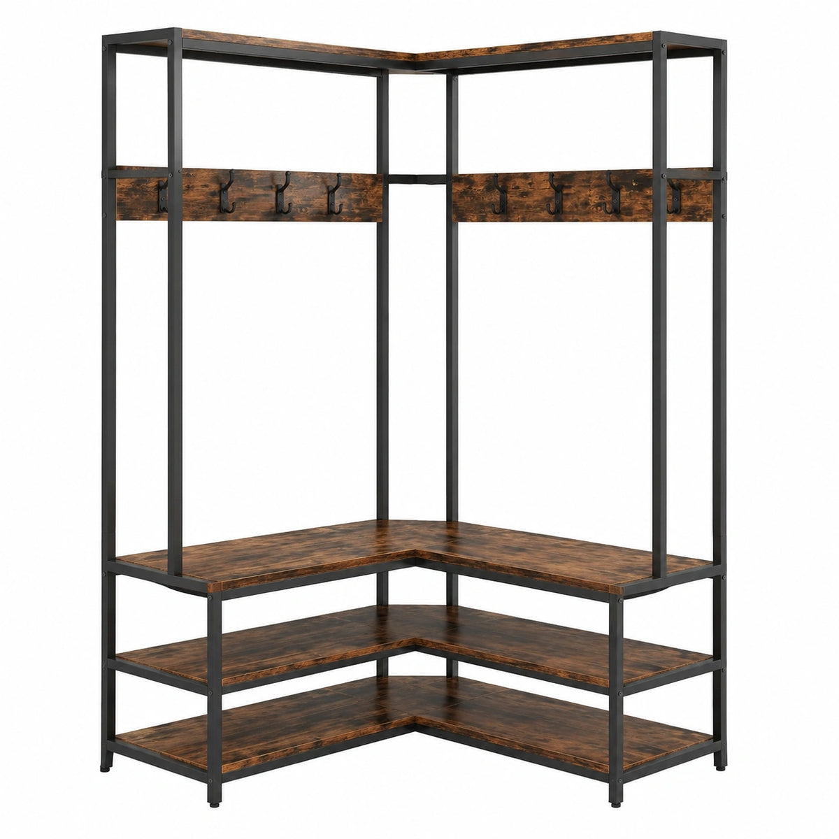 Appendiabiti Angolare, Appendiabiti a Forma L con Ripiani Aperti 7 Ganci e Panca per Scarpe, Struttura in Metallo e Piedini Regolabili, 90 × 90 × 178