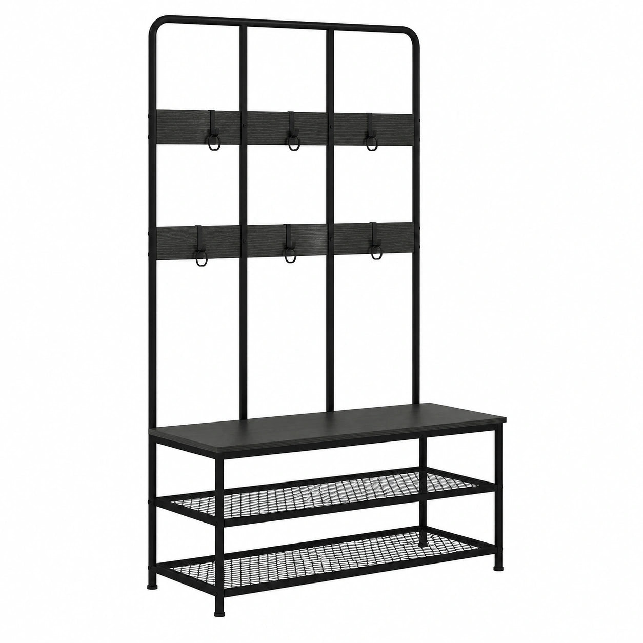 Appendiabiti da Ingresso 3 in 1 con Scarpiera 91 × 36 × 180 cm Nero, Attaccapanni Stile Industriale con Panca, 6 Ganci, 2 Ripiani Porta Scarpe